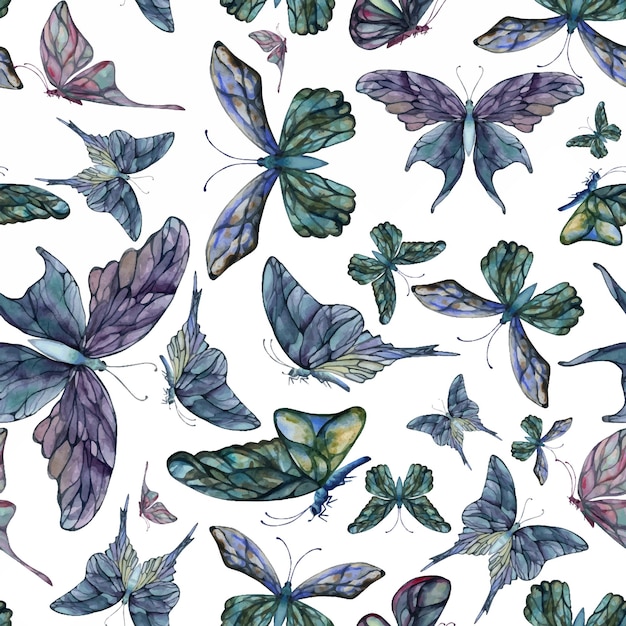 Hand drawn watercolor illustration butterfly fairy wings gem crystal insect moth Amethyst emerald fluorite moonstone Seamless pattern isolated white background Design print shop wedding package