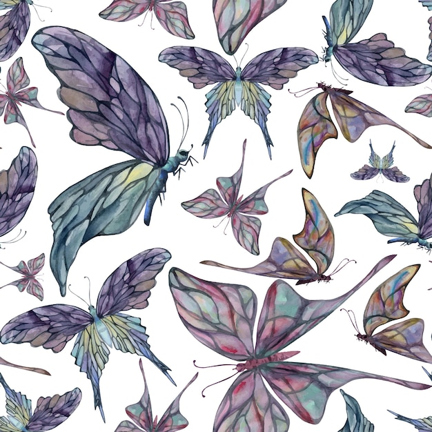 Hand drawn watercolor illustration butterfly fairy wings gem crystal insect moth Amethyst emerald fluorite moonstone Seamless pattern isolated white background Design print shop wedding package