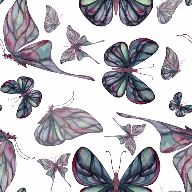 Hand drawn watercolor illustration butterfly fairy wings gem crystal insect moth Tourmaline pearl labradorite opal Seamless pattern isolated on white background Design shop print wedding package