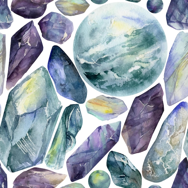 Hand drawn watercolor illustration precious jewel gem crystal chakra birth stone Amethyst aquamarine moonstone lapis Seamless pattern isolated white background Design print shop jewelry fashion