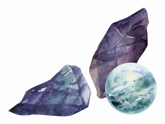 Hand drawn watercolor illustration precious semiprecious jewel gem crystal chakra birth stone Amethyst fluorite aquamarine Composition isolated white background Design print shop jewelry fashion