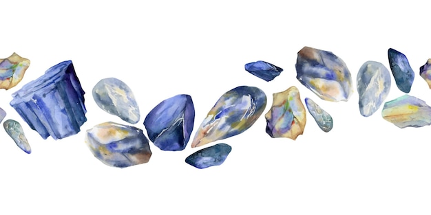 Hand drawn watercolor illustration precious semiprecious jewel gem crystal chakra birth stone Sapphire lapis larimar Seamless border isolated on white background Design print shop jewelry fashion