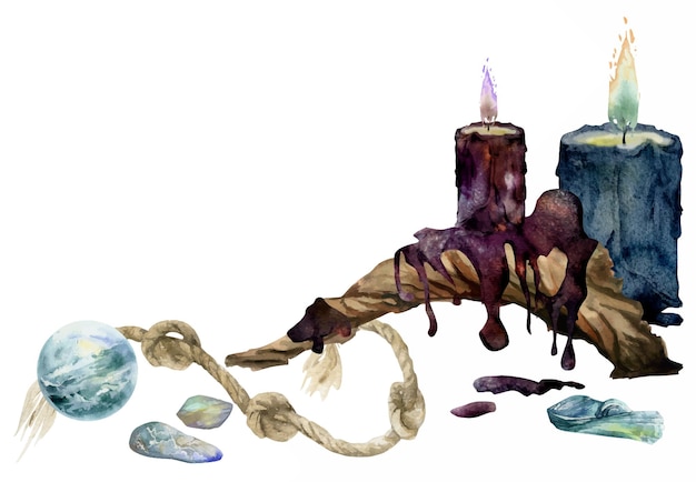 Vector hand drawn watercolor illustration sea witch altar objects burning pillar candles bog driftwood gemstones crystals knotted rope composition isolated on white background design print shop magic