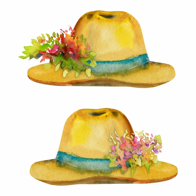 Hand drawn watercolor illustration spring gardening accessory straw sun hat with flowers and leaves Composition isolated on white background Design print shop scrapbooking packaging decoupage