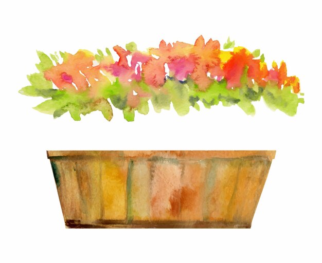 Hand drawn watercolor illustration spring gardening decorative wooden box pot with flowers leaves Single object isolated on white background Design print shop scrapbooking packaging decoupage