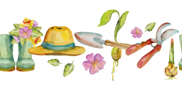 Hand drawn watercolor illustration spring gardening tools rubber boots sun hat shovel pruning shears flowers Seamless banner isolated on white background Design print shop scrapbooking packaging