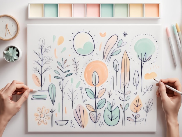 hand drawn watercolor illustration with flowers plants brushes palette and paintshand paint