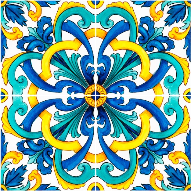 Hand drawn watercolor mediterranean sicilian traditional tiles