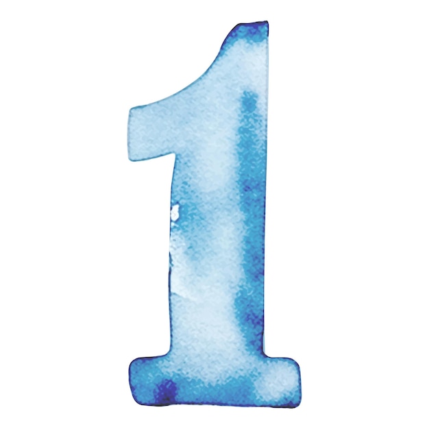 Vector hand drawn watercolor number 1 blue painting of the number one isolated on a white background