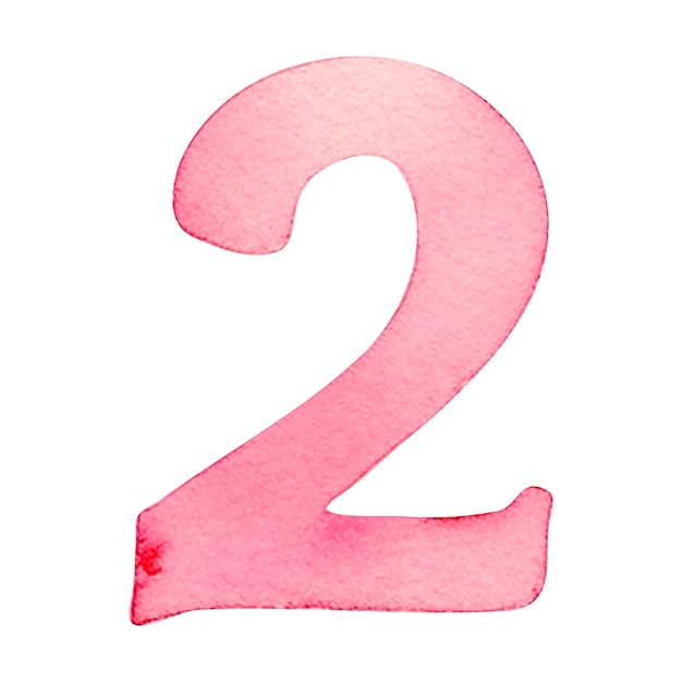 Vector hand drawn watercolor number 2 pink painting of the number two isolated on a white background