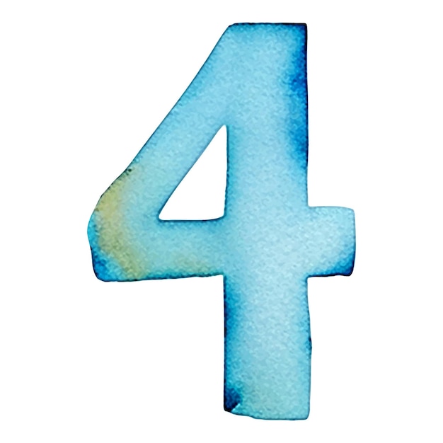 Vector hand drawn watercolor number 4 blue painting of the number four isolated on a white background