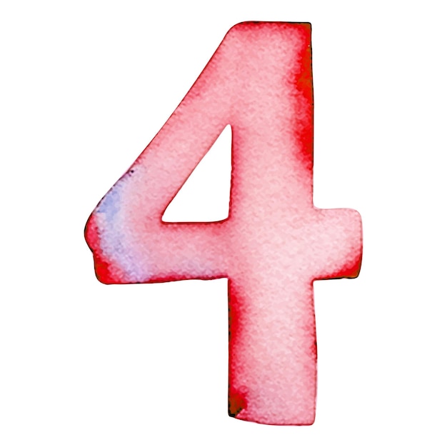 Vector hand drawn watercolor number 4 pink painting of the number four isolated on a white background