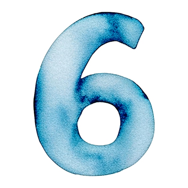 Vector hand drawn watercolor number 6 blue painting of the number six isolated on a white background