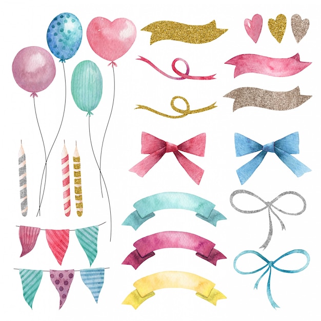 Hand drawn watercolor party set of balloons, flags and bows