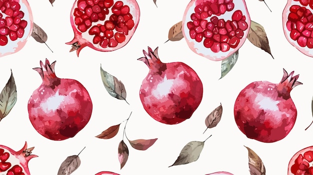 Vector hand drawn watercolor pomegranate fruit seamless pattern