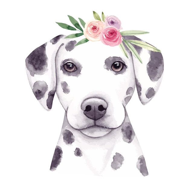 Hand drawn watercolor portrait with dalmatian dog and flowers