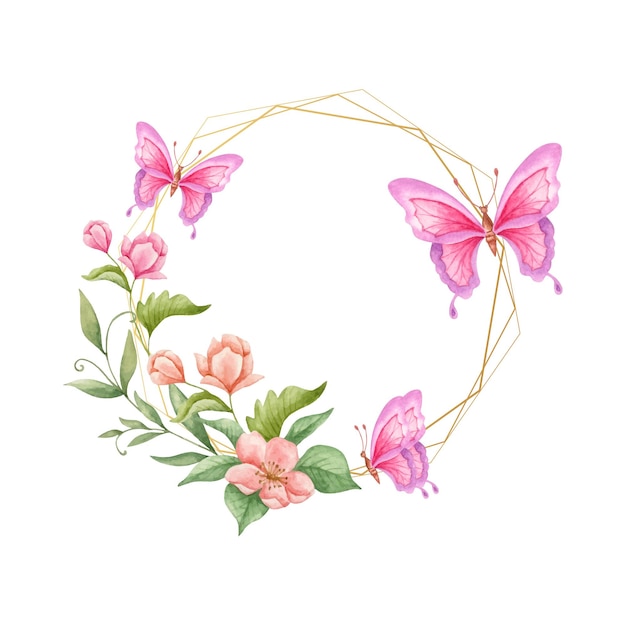 Hand drawn watercolor round floral frame with lovely pink butterflies