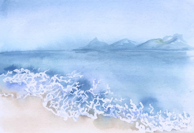 Hand drawn watercolor seascape Water and surf on the beach with water and sky landscape Isolated on white background Design wall art wedding print fabric cover card tourism travel booklet