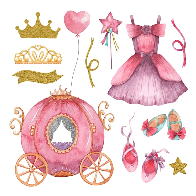 Hand drawn watercolor set of cute little princess elements