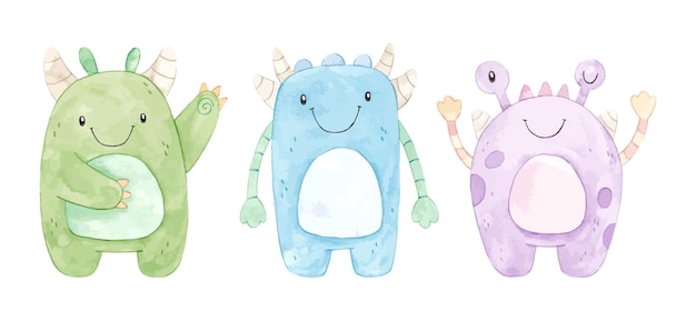 Hand drawn watercolor set of cute monsters