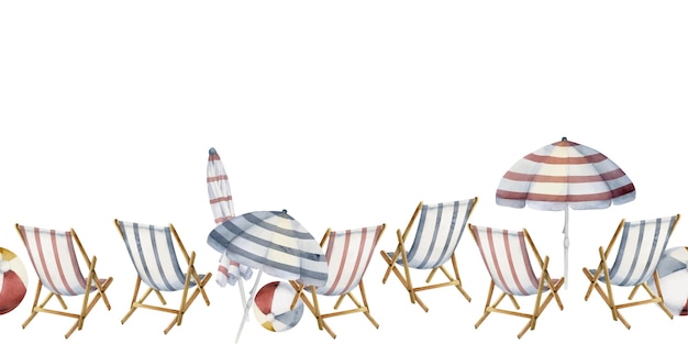 Hand drawn watercolor striped beach chair and umbrella Seamless horizontal banner Isolated on white background Design for wall art wedding print fabric cover card tourism travel booklet