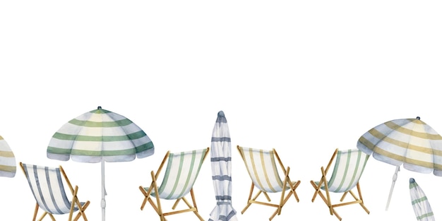 Vector hand drawn watercolor striped beach chair and umbrella seamless horizontal banner isolated on white background design for wall art wedding print fabric cover card tourism travel booklet