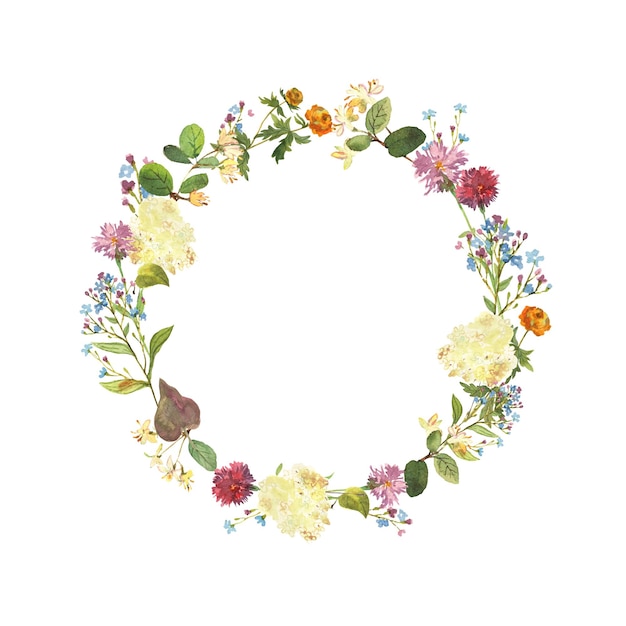 Hand drawn watercolor texture Spring or summer wreath Beautiful gentle flowers Vector