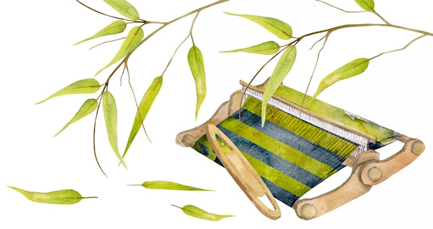 Hand drawn watercolor weaving loom shuttle bamboo leaves for hobby handcraft Natural plant Illustration isolated object composition on white background Shop logo print website card booklet