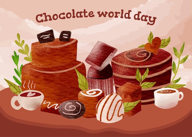 hand drawn watercolor world chocolate day celebration with chocolate sweets and cake