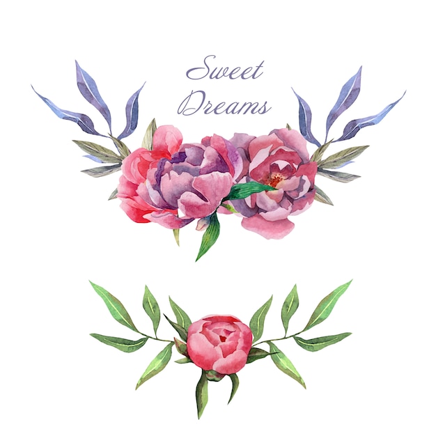 Hand drawn watercolor wreathes compositions with peony flowers and leaves