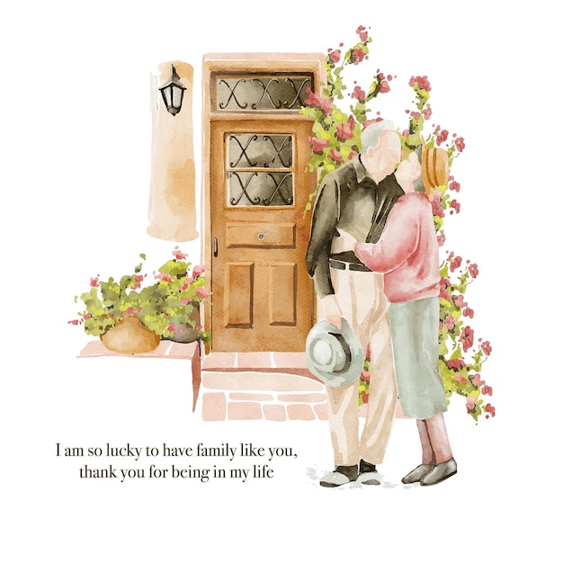 Hand drawn watercolour illustration of seniors couple near the doors in the garden