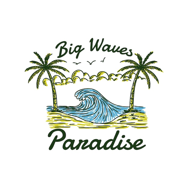 hand drawn of wave, coconut trees, and beach logo design