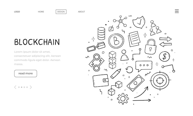 Hand drawn web banner of blockchain elements Sketch style Cryptocurrency electronic commerce concept Illustration for banner website landing page design template