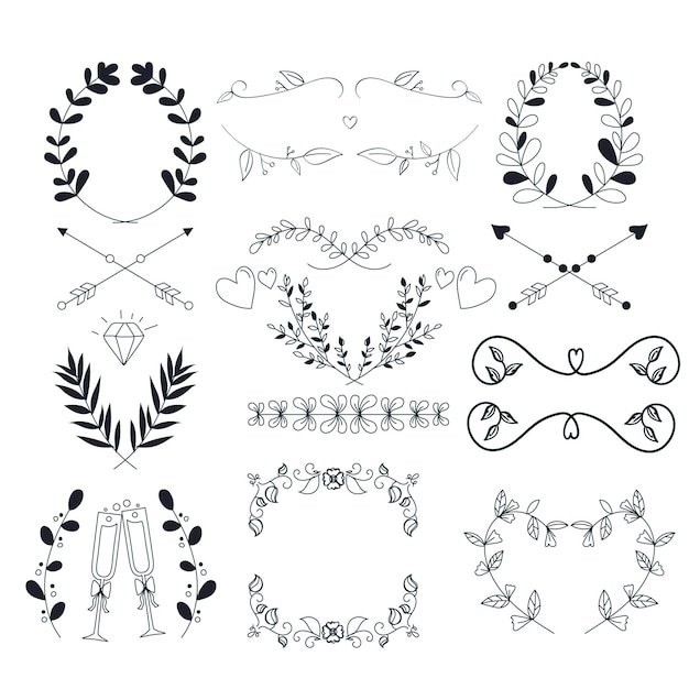 Hand drawn wedding album ornaments black vector