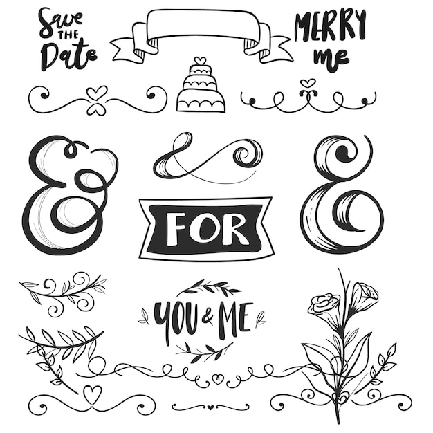 Vector hand drawn wedding album ornaments