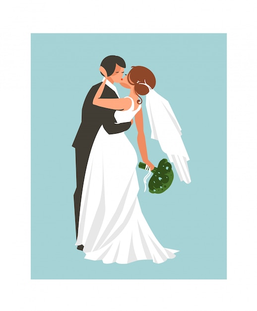 Hand drawn   wedding hugging and kissing couple illustration isolated