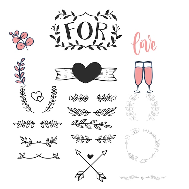 Vector hand drawn wedding ornaments collection vector design illustration