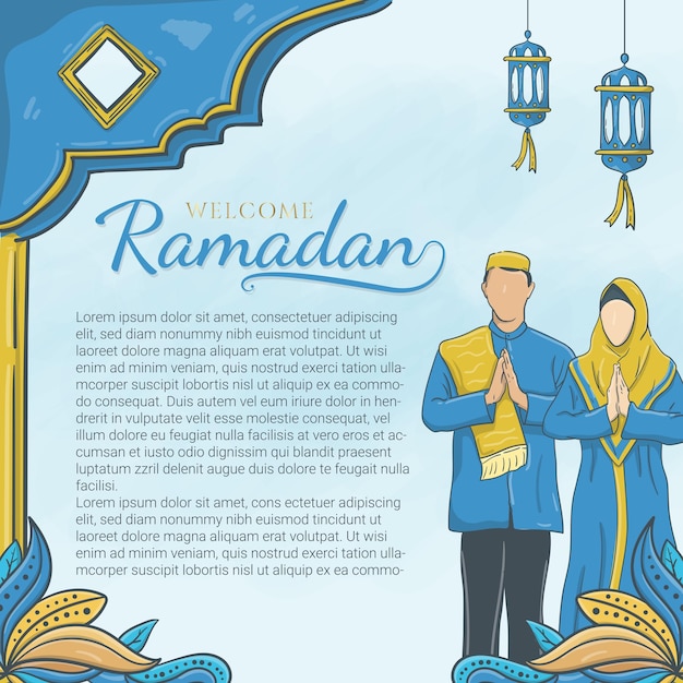 Hand drawn welcome ramadan with islamic ornament and muslim character