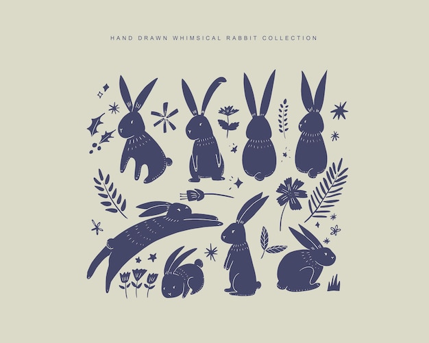 Hand drawn whimsical bunny illustration collection