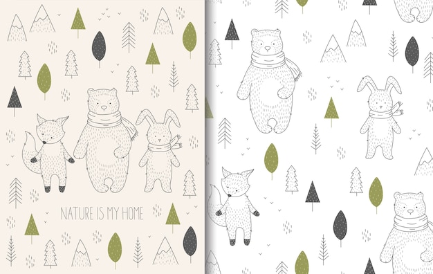 Hand drawn wild animals in forest card and seamless pattern.