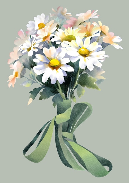 Hand drawn wild daisies flower bouquet with ribbon watercolor