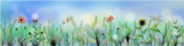 Hand drawn wild grass and flowers against the blue sky bright spring meadow