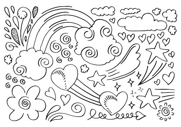 Hand drawn wind swoops emphasis cloud star heart flower doodle sketch design elements.