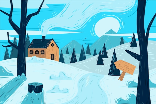 Hand drawn winter landscape illustration