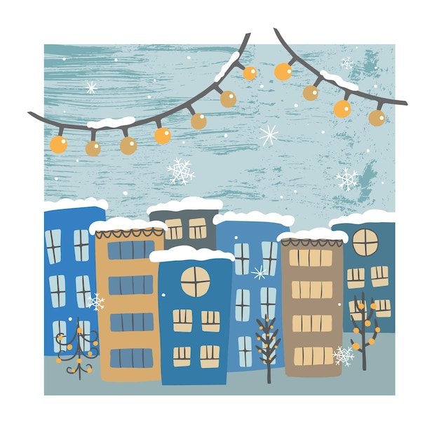 hand drawn winter snowing city, street, houses with garland, xmas trees, snowflakes. Christmas card and banner. Holidays design vector illustration