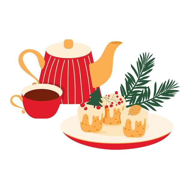 Vector hand drawn winter vector illustration with teapot cup of tea cupcakes with berries fir tree