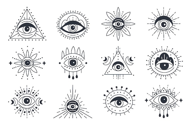 Hand drawn witchcraft eye talisman magical religion sacred symbols in minimal linear style