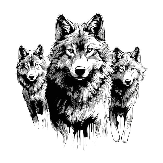 Hand drawn wolves outline illustration