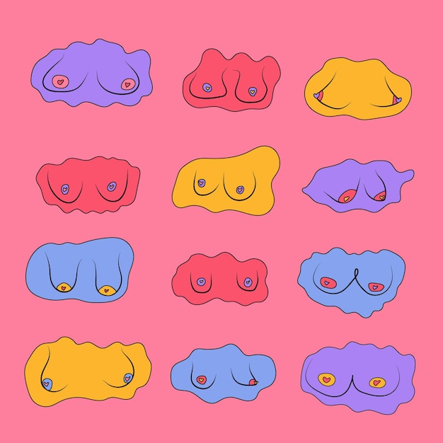 Hand drawn woman breast collection Colorful illustrations of breasts Vector illustration