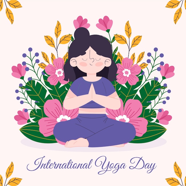 Hand drawn woman doing yoga with flowers illustration